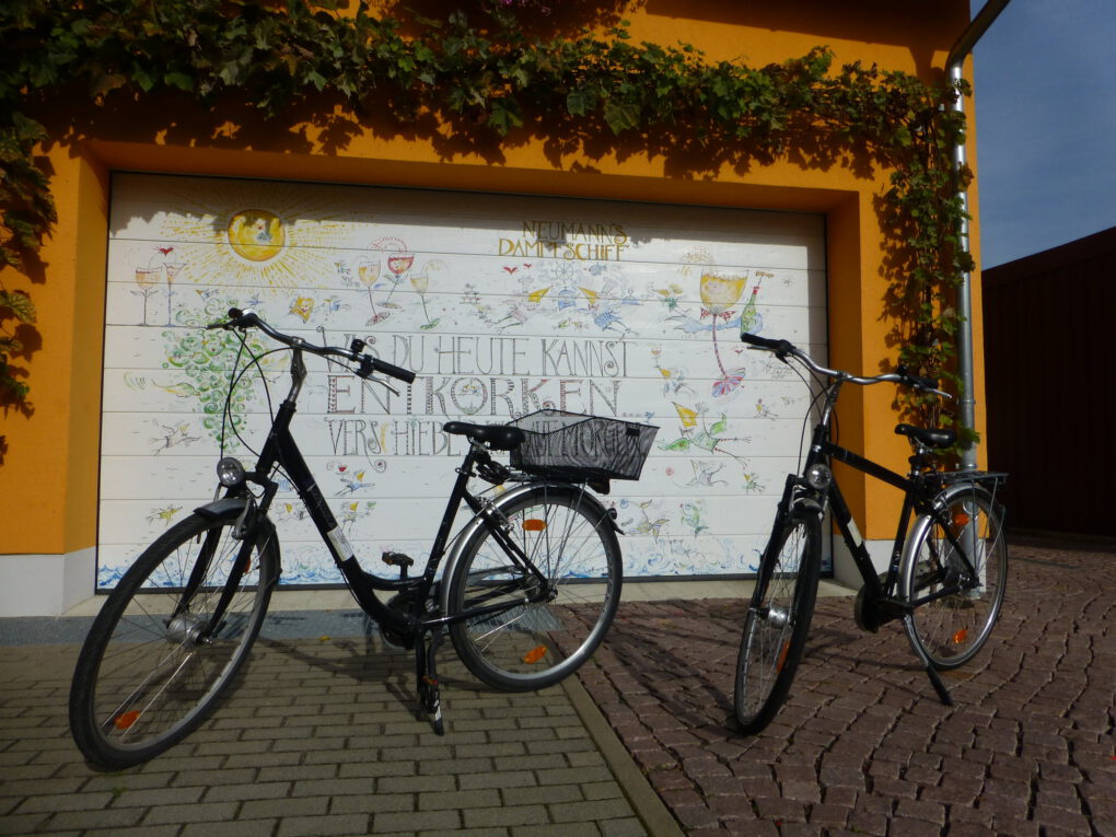 Zwei schwarze Fahrräder stehen vor einem weißen Garagentor mit bunten Zeichnungen von Kay Leo Leonhardt. Das orangefarbene Gebäude, das ein familiengeführtes Hotel in Sörnewitz beherbergt, hat grüne Weinreben an der Seite und das Sonnenlicht wirft Schatten auf den Boden.
