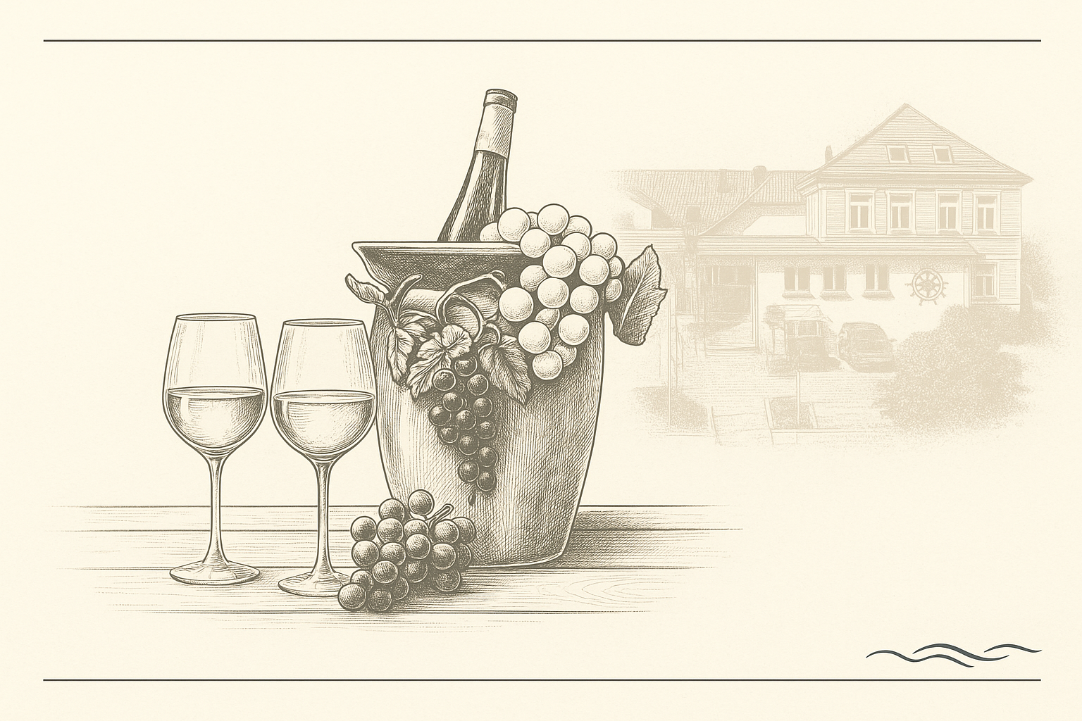 Eine Zeichnung einer Weinflasche in einem Eiskübel mit Trauben und zwei gefüllten Gläsern im Vintage-Stil auf Holz. Ein schwacher Hausumriss verleiht Eleganz - perfekt für einen Geschenkgutschein, der zeitlosen, klassischen Geschmack zelebriert.