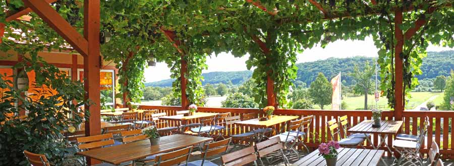 Weinumrankte Gästeterrasse mit Blick auf die Elbhänge